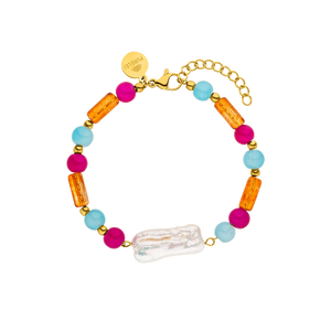 Buntes Armband aus goldfarbenen und bunten Perlen von PURELEI, inspiriert von tropischer Lebensfreude.