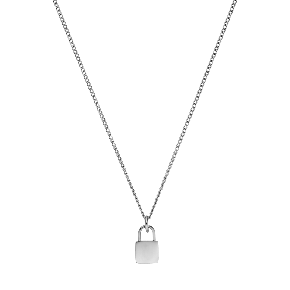 Padlock Charm Kette aus nickelfreiem, silberfarbenem Edelstahl von PURELEI, minimalistisch und elegant.