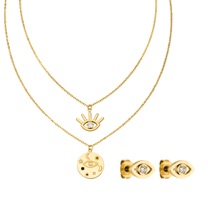 Goldene Kette mit Augenmotiv und Ohrringen, PURELEI, elegant und mystisch.