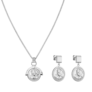 Silberne Kette und Ohrringe mit Münzdesign von PURELEI, elegant und modern.